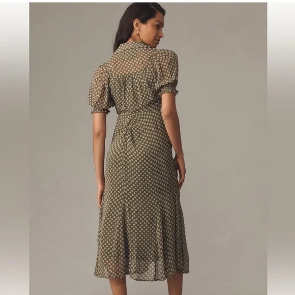 63. Anthropologie Puff-Sleeve Ruched Mesh Midi Shirt Dress - Picture 3 of 4
